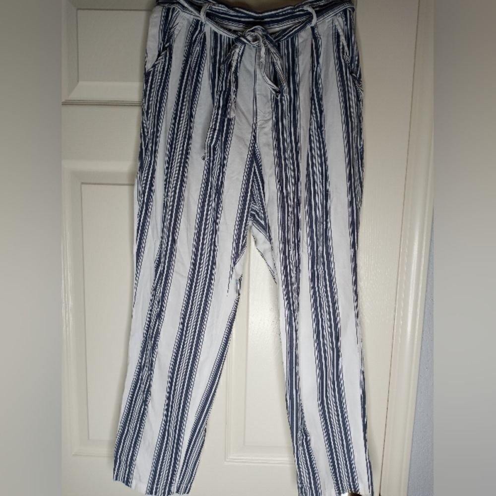 Hot Kiss 11 WhiteGreyStriped 100%Cotton Pockets Ankle Length Women's SummerPants